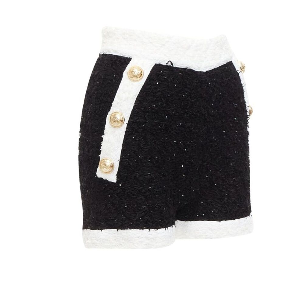 Balmain sequins tweed gold buttons zip high waisted shorts